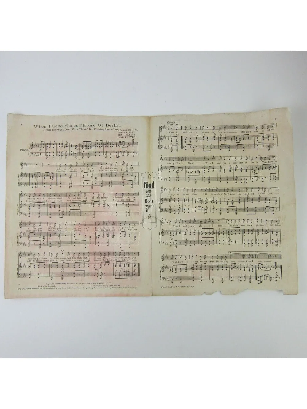 Sheet Music When I Send You a Picture of Berlin WWI Fay Ryan Dreyer Antique 1918